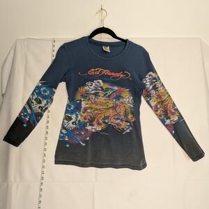 Vintage Ed Hardy Junior's Two Toned Blue Long Sleeve Tee XL Y2K Dragon Tattoo